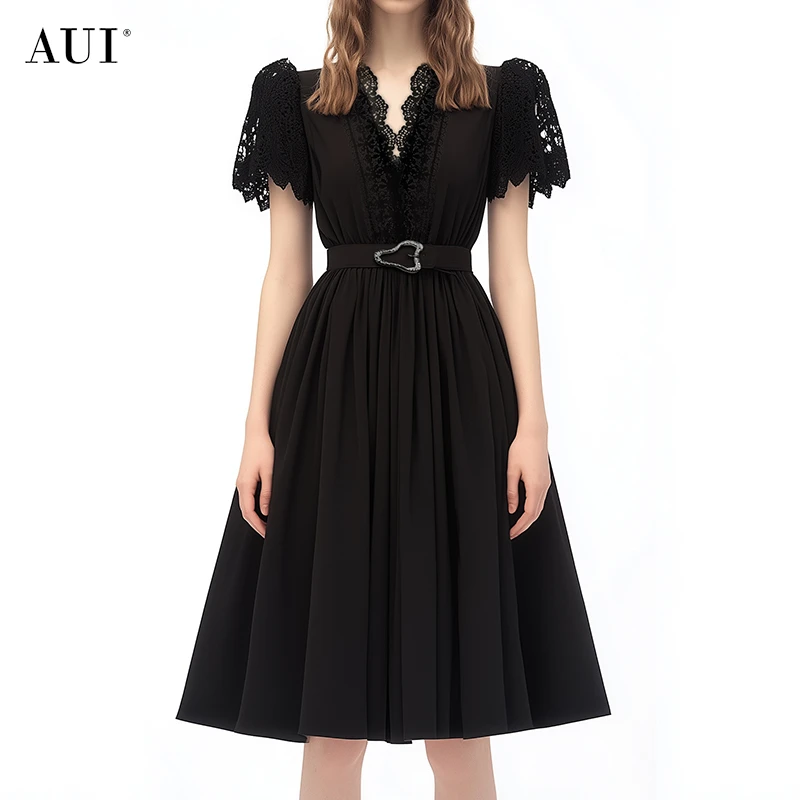 【AUI】AUI蕾丝短袖连衣裙女夏赫本风收腰大摆裙LD-25X019577