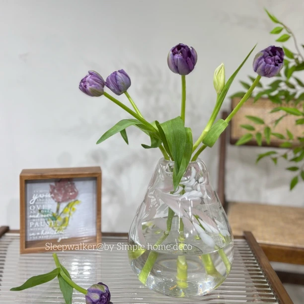 口径5.5高20厘米原色料通透感厚重感羽毛玻璃花瓶冬青郁金香玫瑰