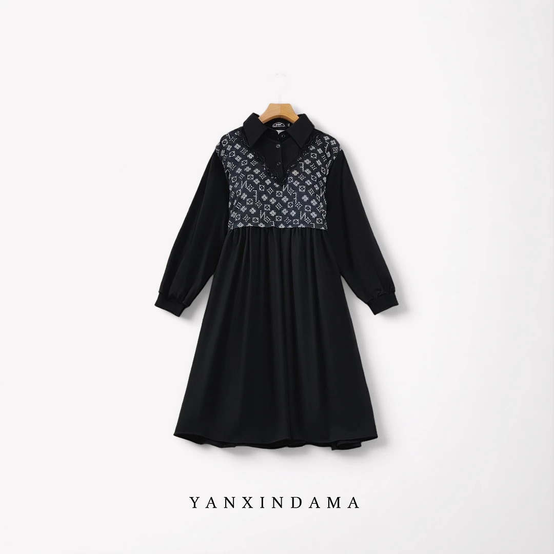 大码女装300斤胖MM中长款长袖印花翻领显瘦气质撞色连衣裙860