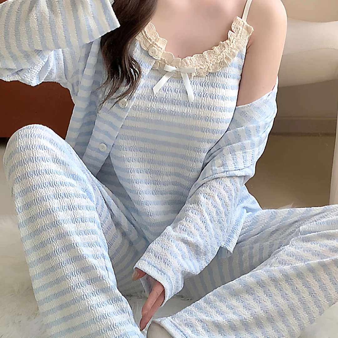 约蒂宾弗带胸垫睡衣女春秋季棉质甜美性感小吊带长袖三件套家居服