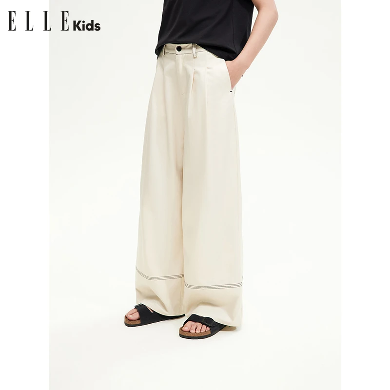 ELLEKIDS撞色压线莱赛尔凉感休闲女童夏季新款中腰压褶防蚊裤子X1