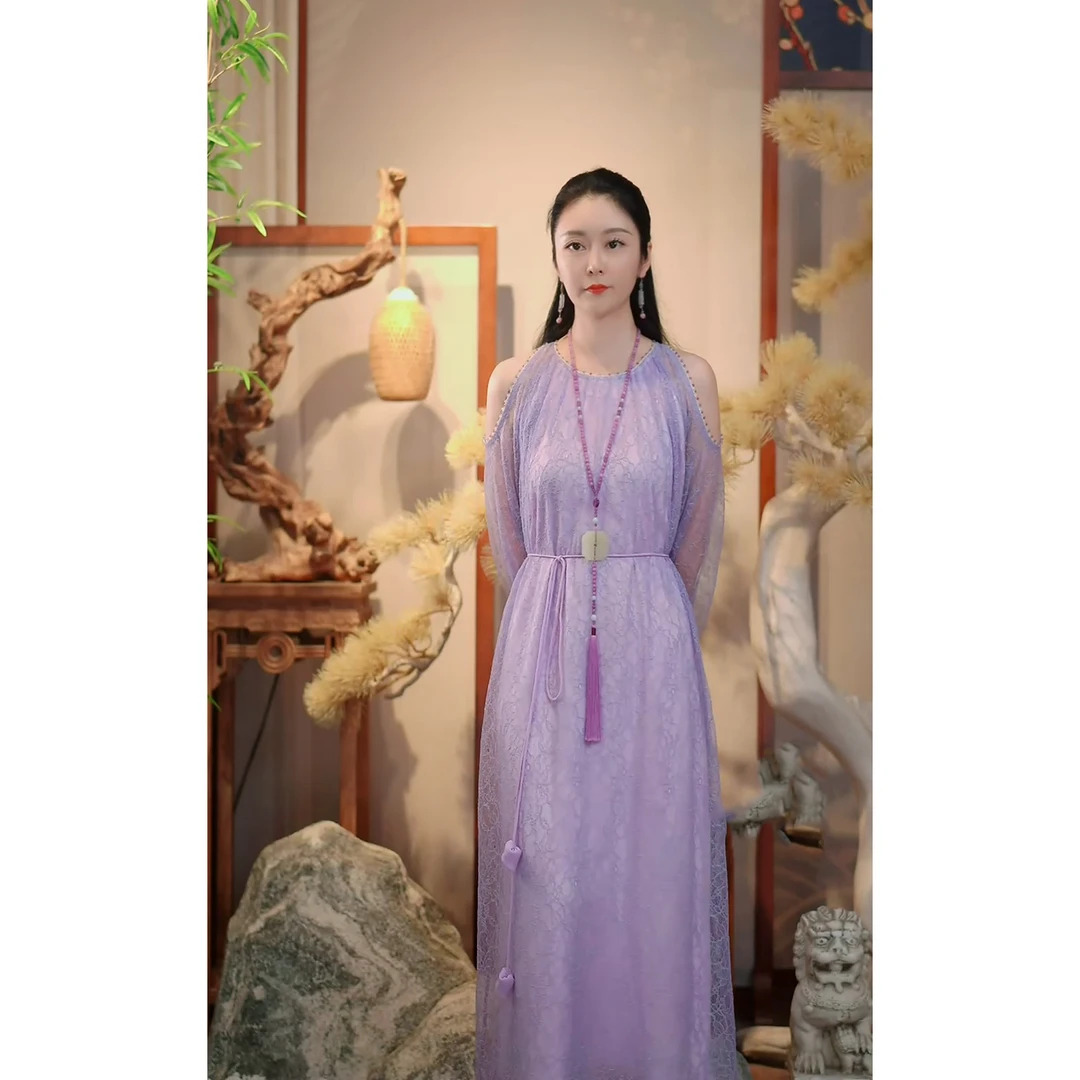 【紫月幽兰】夏季紫色温柔露肩气质文艺复古宽松长款连衣裙