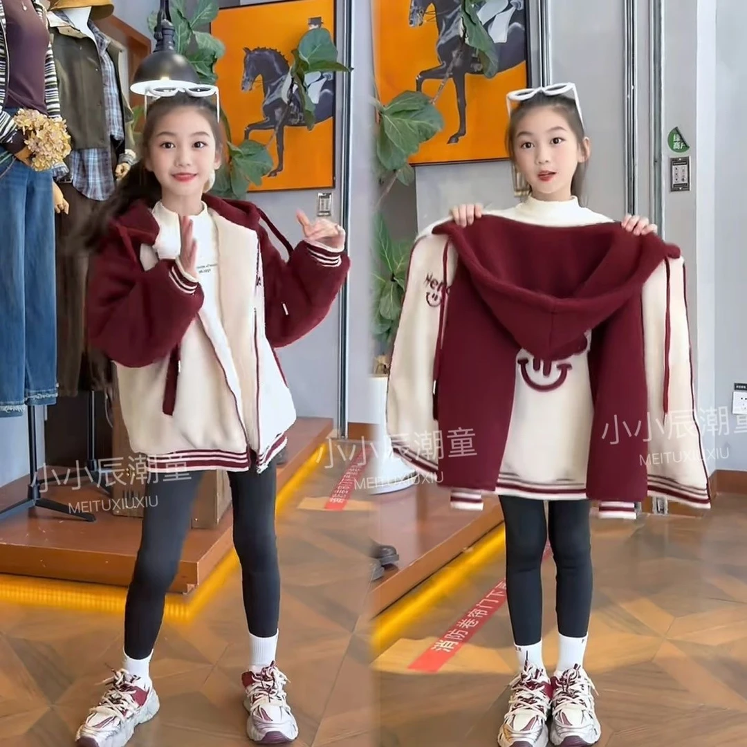 女童秋冬装外套2025新款儿童洋气女孩冬季羊羔加绒加厚卡通毛毛衣