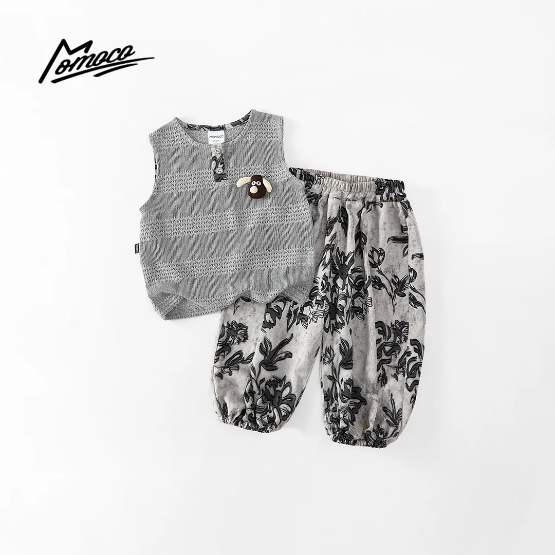 MOMOCO夏季新款男女童时尚洋小狗九分裤无袖套装77230578586