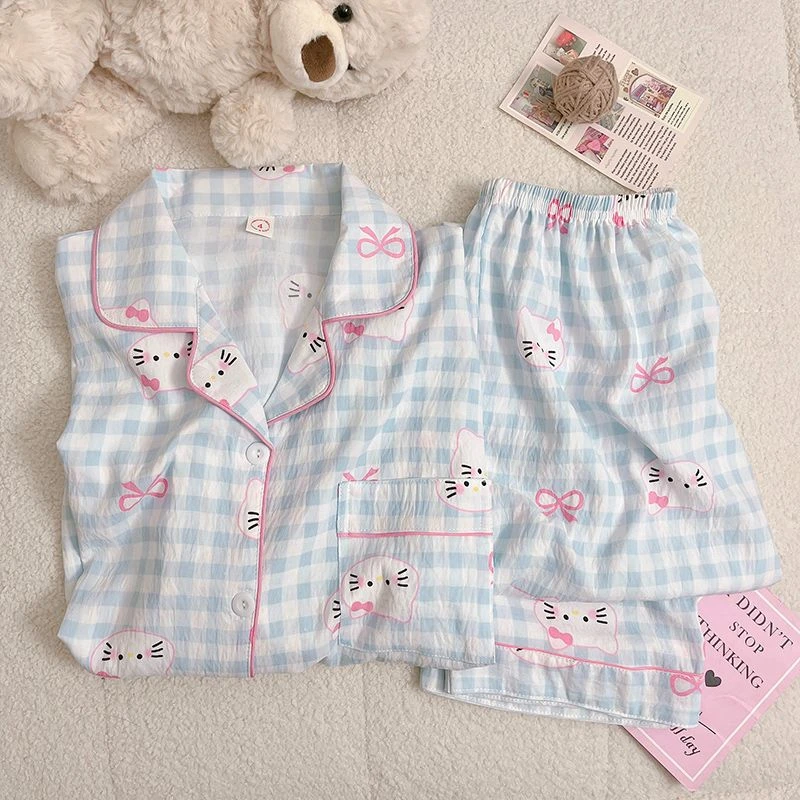 2025新款睡衣女春秋季卡通格子猫咪薄款云朵棉可爱长袖开衫家居服