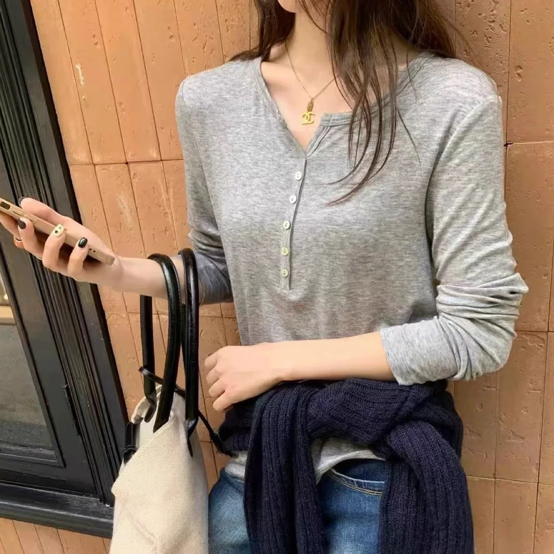 韩版扣子天丝羊毛长袖T恤打底衫女百搭上衣秋