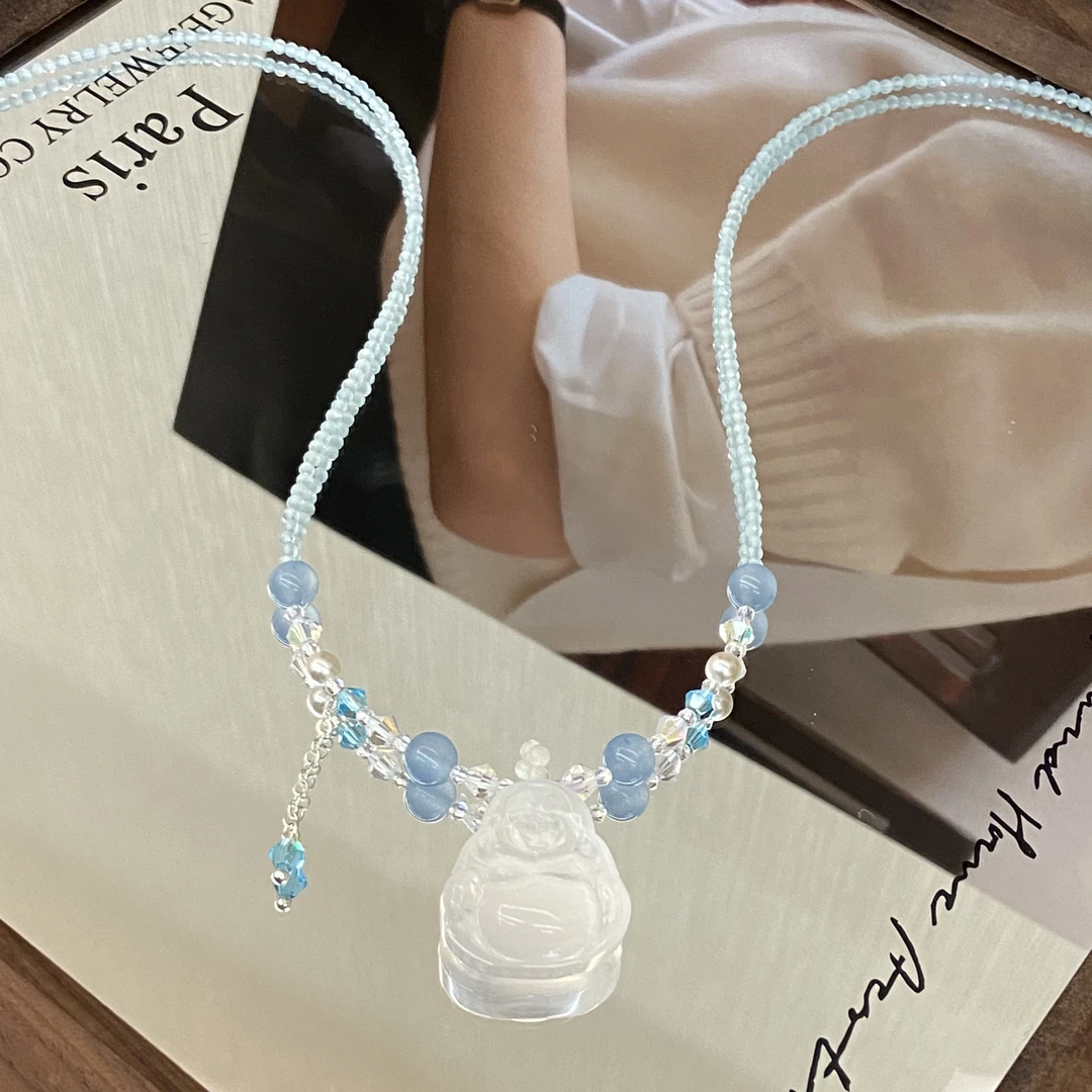 镀K金 海盐蓝 佛公 设计感流苏项链X8351