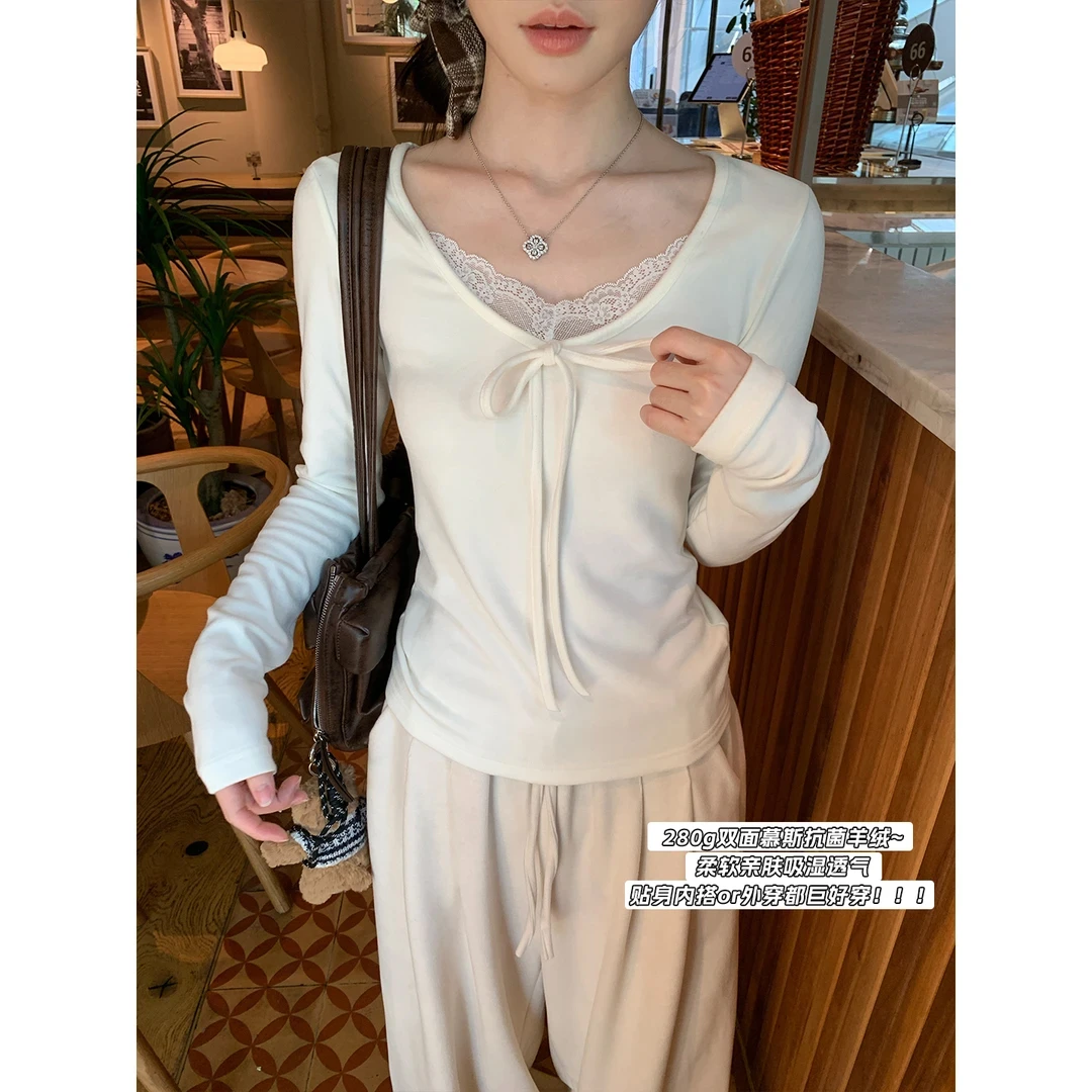 【斐丽轩】白色蝴蝶结绑带V领蕾丝花边拼接假两件打底上衣