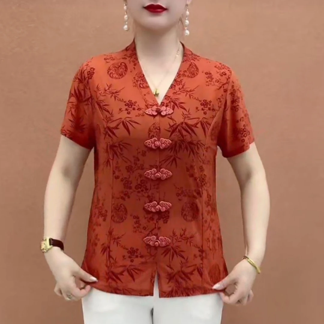 妈妈装夏季短袖小衫V领盘扣大码衫显瘦透气舒适T桖洋气新款有弹