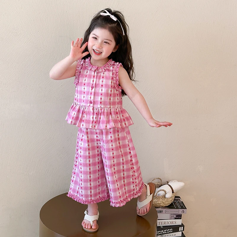 儿童夏装时髦女宝宝无袖花边套装洋气女童格子背心阔腿裤两件套潮