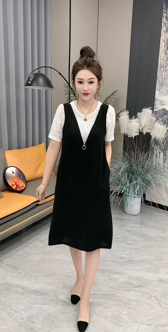 2025夏季时尚网红爆款蝴蝶结拉链设计拼接中长款假两件显瘦连衣裙