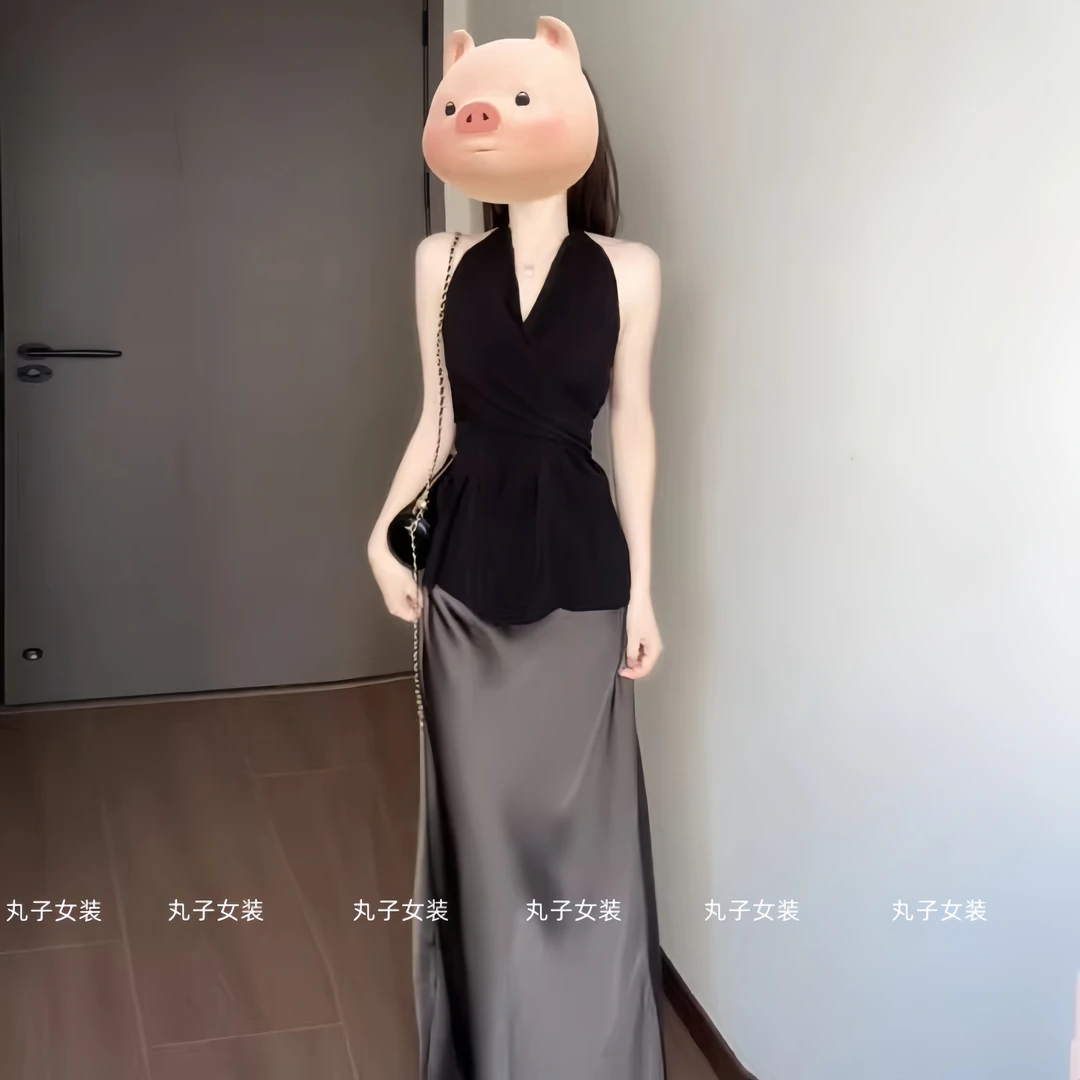 夏季女装套装2025新款法式无袖挂脖上衣纯欲风气质包臀鱼尾半身裙