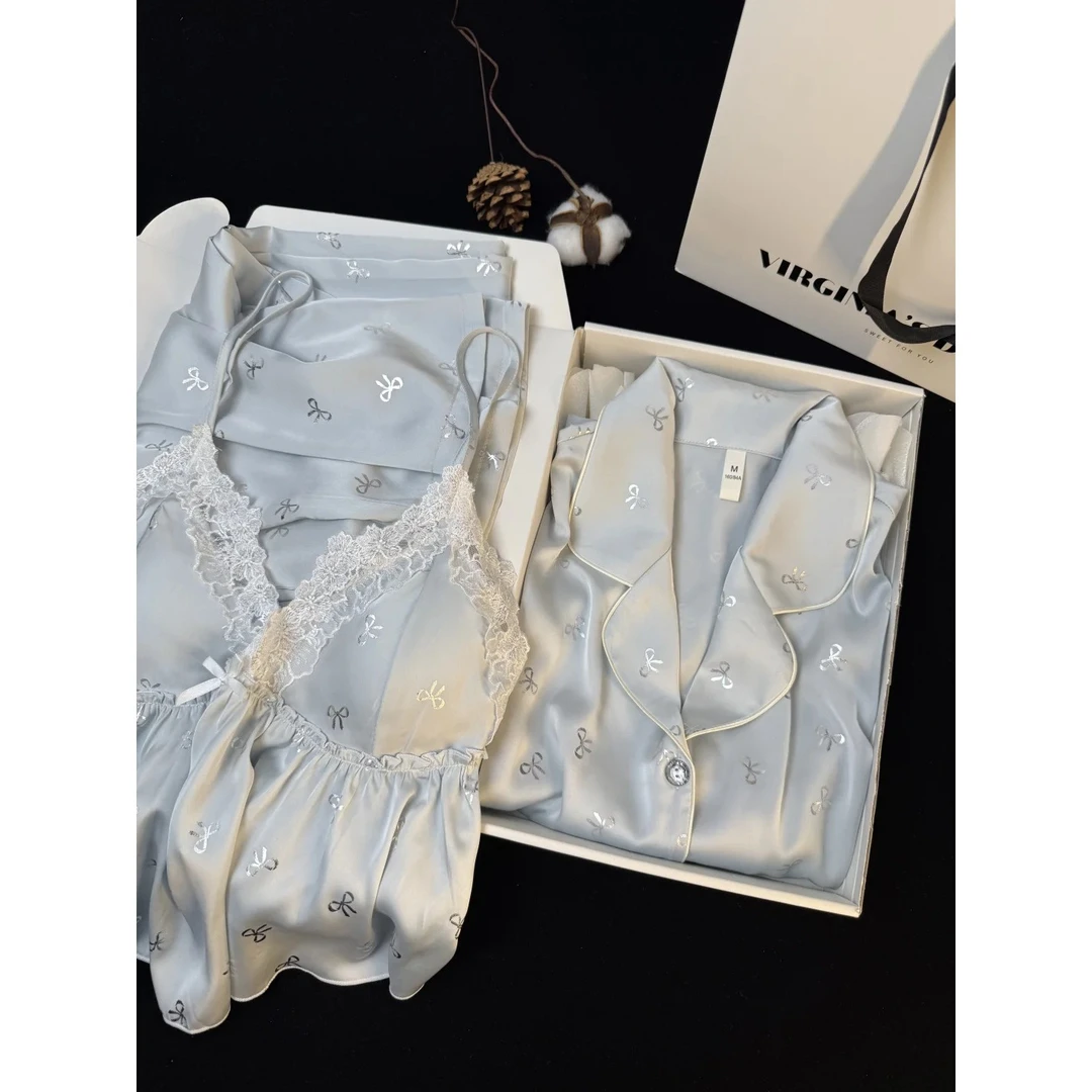 【法式蝴蝶结】网红蕾丝花边冰丝带胸垫睡衣女春夏短裤三件套家居服