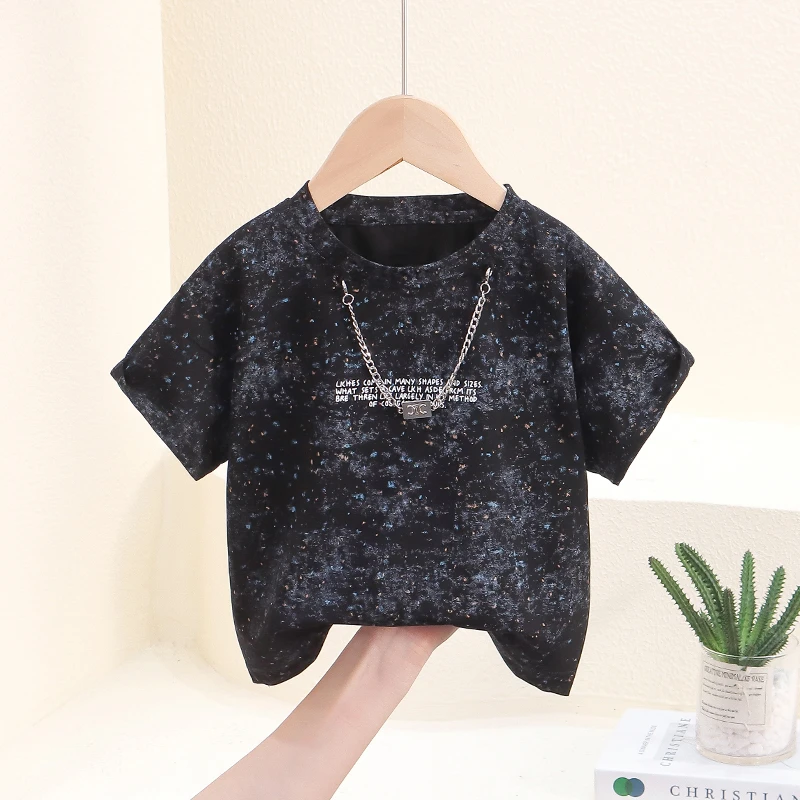 儿童夏季短袖T恤薄款纯棉男童痞帅洋气项链半袖宝宝上衣男孩夏装