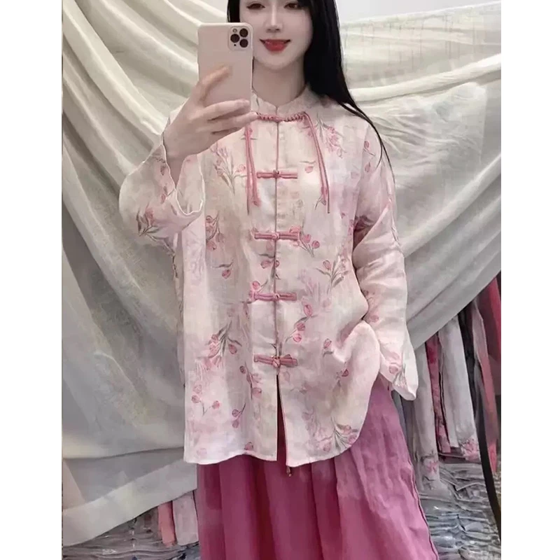 复古盘扣苎麻内里包边印花大版衬衫女新款文艺国风新中式禅意上衣