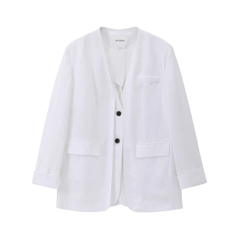 AVVENN2025夏假双门襟无领肩垫微阔西装外套女2090dopdop买手店