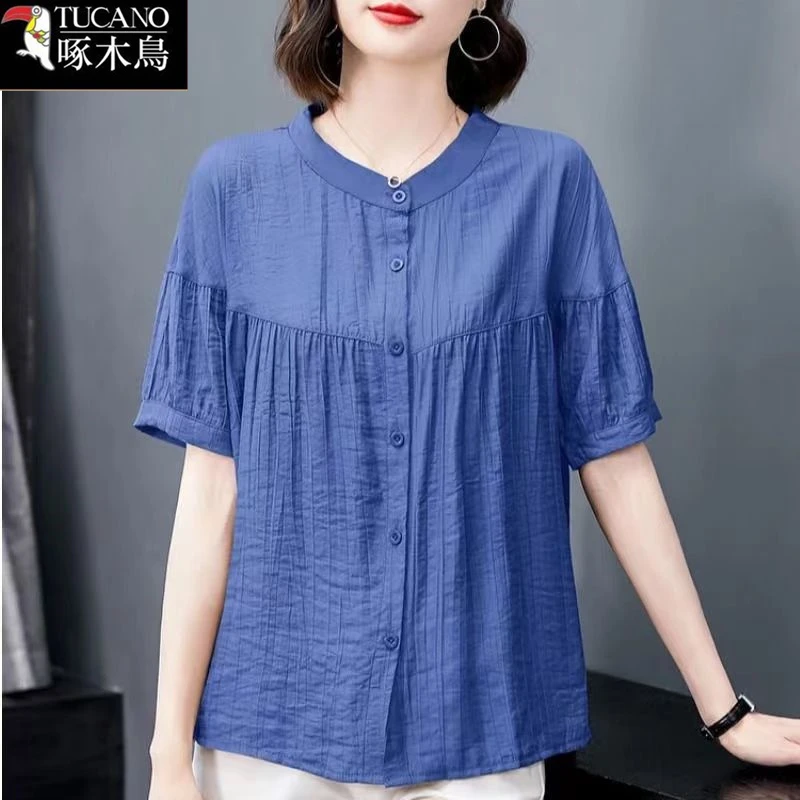 啄木鸟中年女士减龄小众短袖T恤2025年新款夏季薄款圆领拼接上衣
