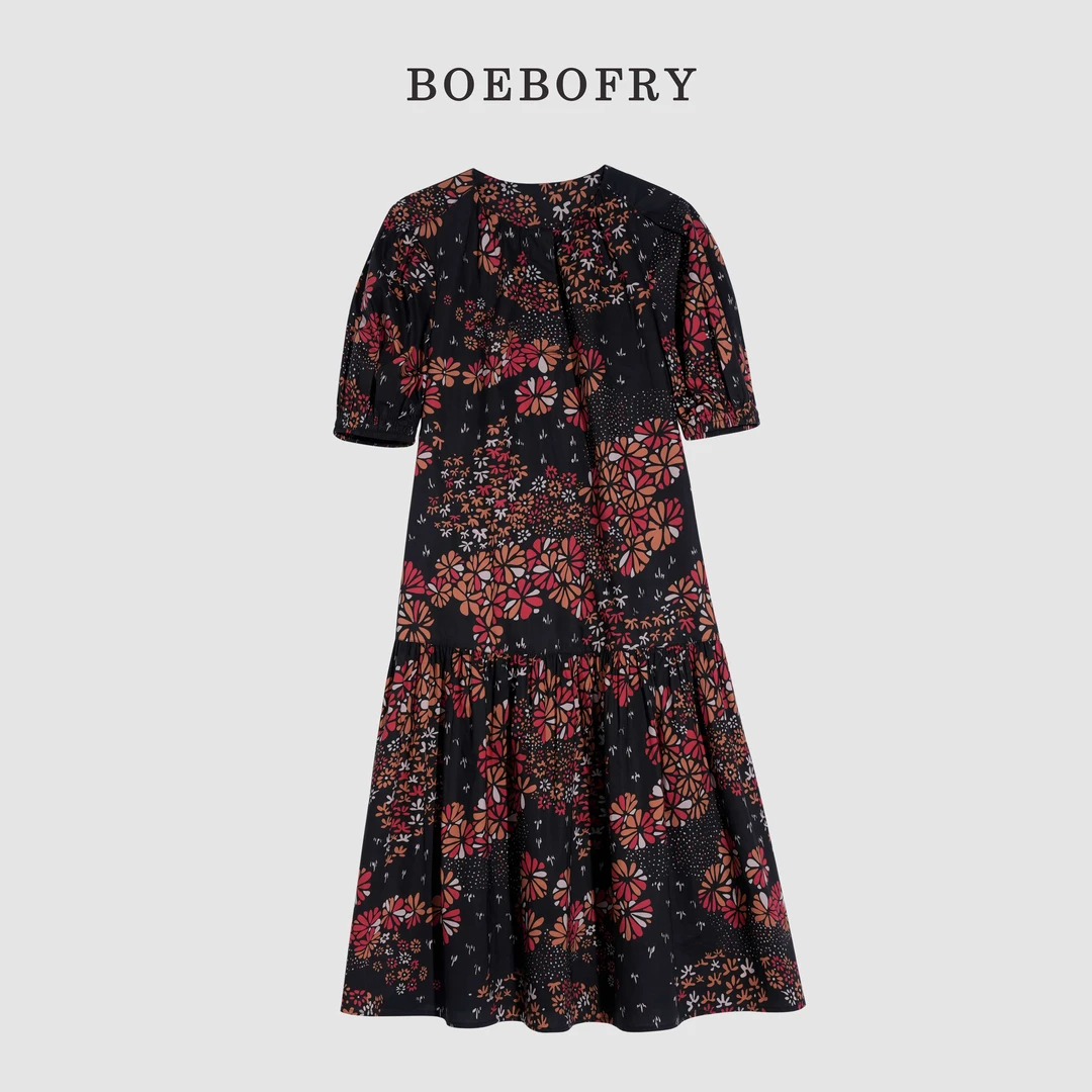 TOLEDBAICH黑夜繁花夏季气质印花连衣裙复古长款收腰显瘦BE2L0916