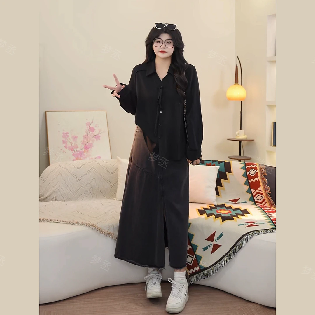 梦丞-大码女装胖mm冬季法式通勤高级感显瘦系带长袖衬衫上衣女