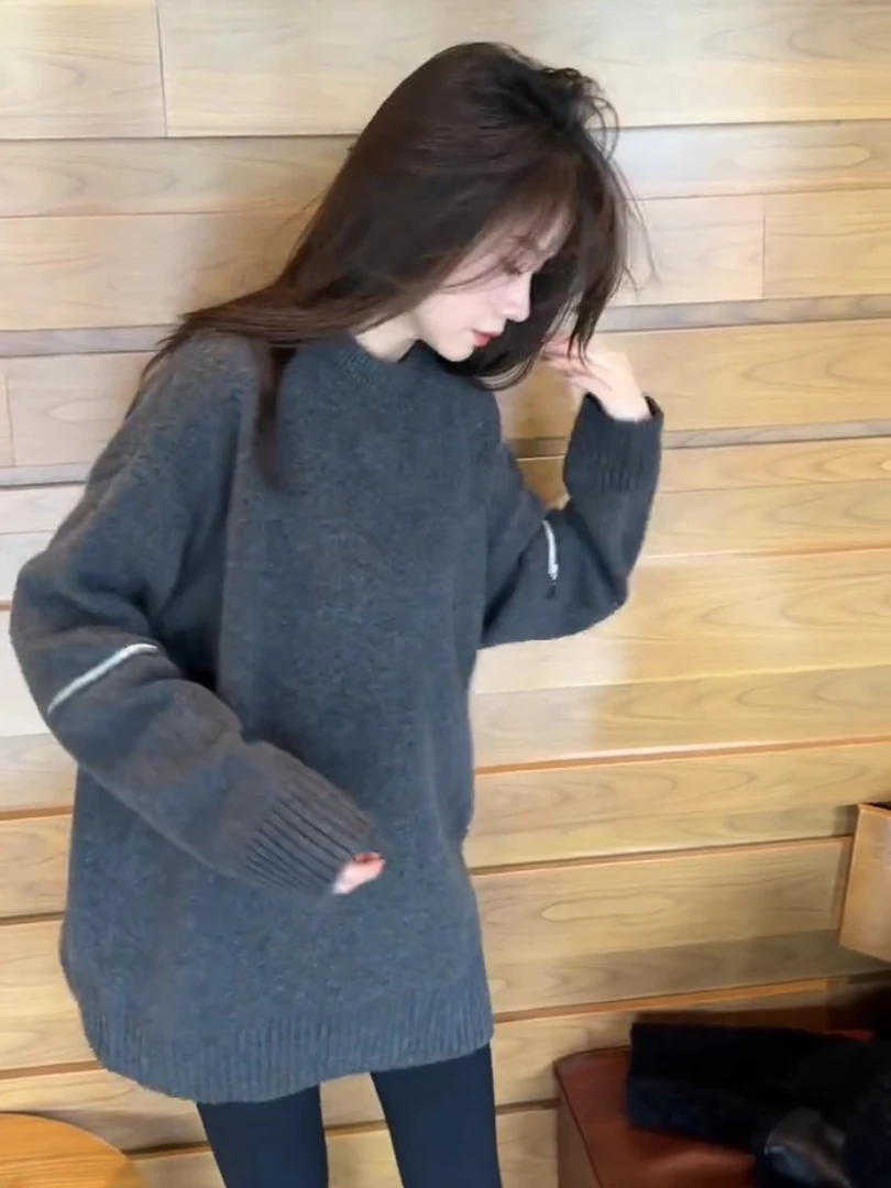 韩版简约宽松休闲圆领针织衫女2025年秋冬慵懒风百搭纯色套头毛衣