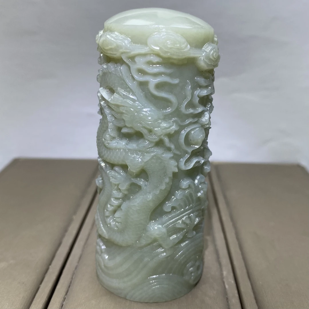 天然和田玉新疆且末高青白双龙戏珠手把件摆件油润特细料一物一证