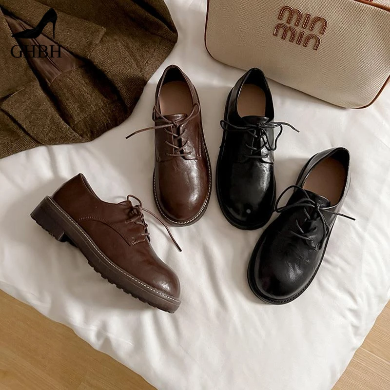 牛皮爆款系带乐福鞋女2025新款水洗缩纹德比英伦风小皮鞋百搭单鞋