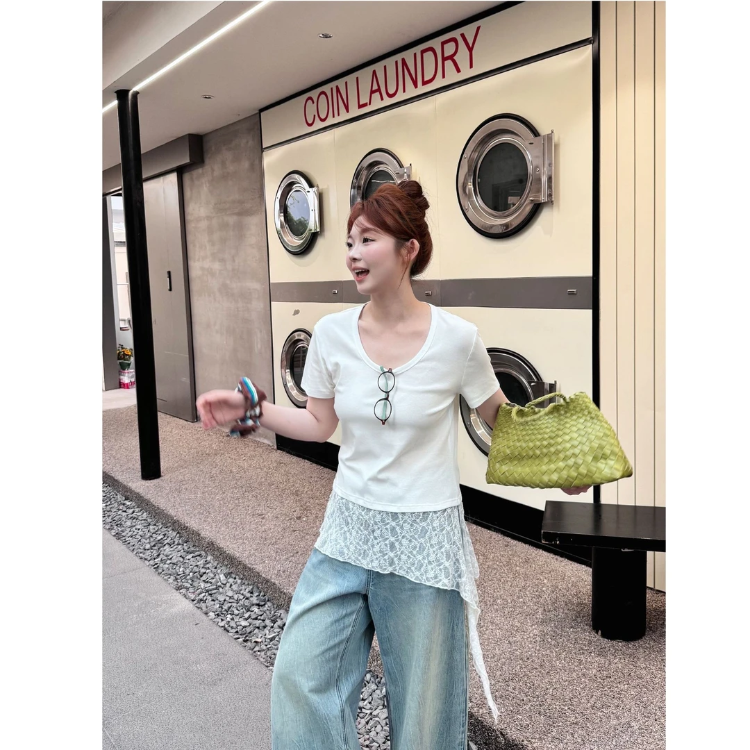 晶咕【芝士淡奶】下摆拼接蕾丝大U领短袖上衣时尚休闲百搭