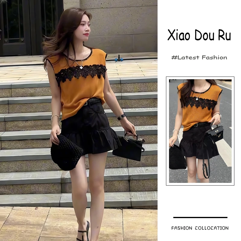 夏季流行穿搭一套新款2025韩系设计感蕾丝针织上衣鱼尾半裙两件套