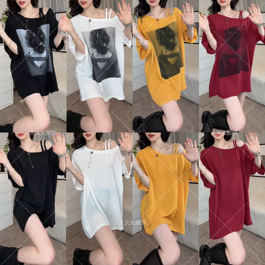 慵懒风印花女孩2025宽松挂肩薄款显瘦纯色休闲防晒v领上衣T恤6837