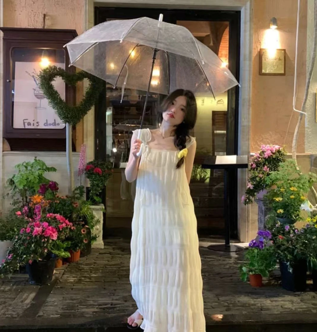 （微透）法式气质显瘦长裙2025夏季褶皱吊带连衣裙子女DQ01（C11-11）