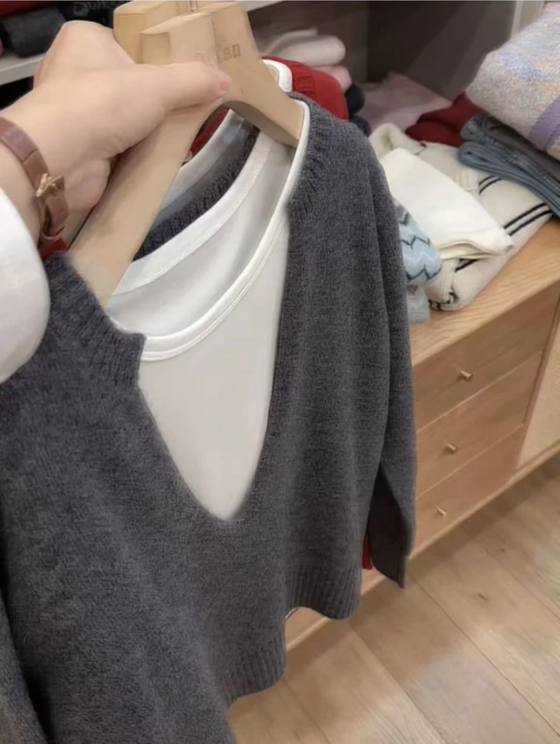 七言家 灰早春休闲风V领两件套2