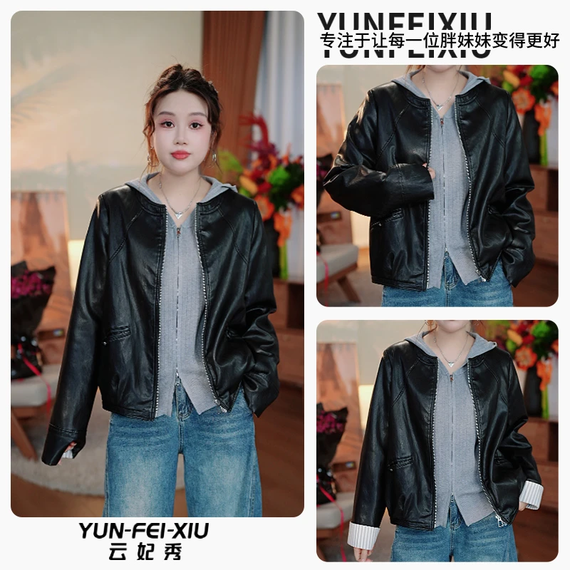 云妃秀大码女装皮衣圆领时尚休闲宽松显瘦胖妹妹气质夹克秋77117