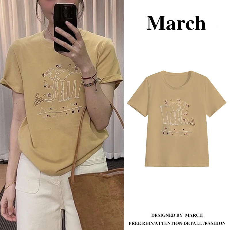 重工刺绣小象短袖t恤女大码2025夏季宽松显瘦百搭休闲上衣-5948