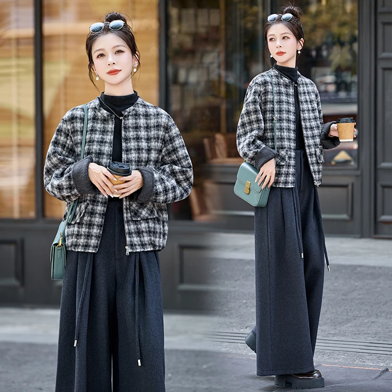 休闲时尚格纹双面羊毛外套女2025年秋冬新款宽松百搭短款毛呢上衣