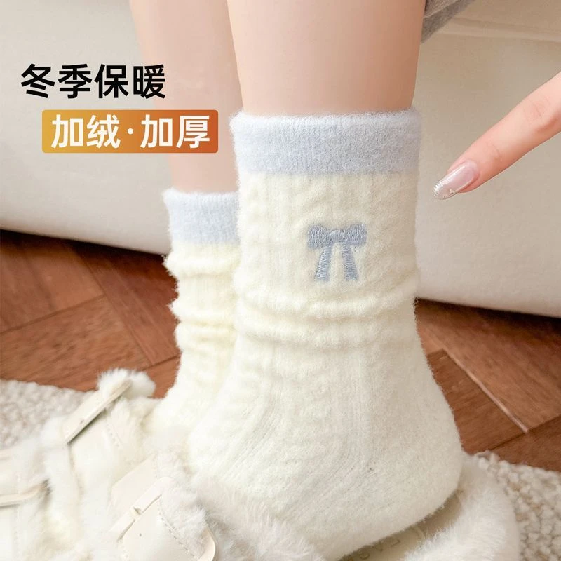 袜子女加绒加厚抗寒保暖中筒袜简约蝴蝶结睡眠地板月子堆堆袜CCC