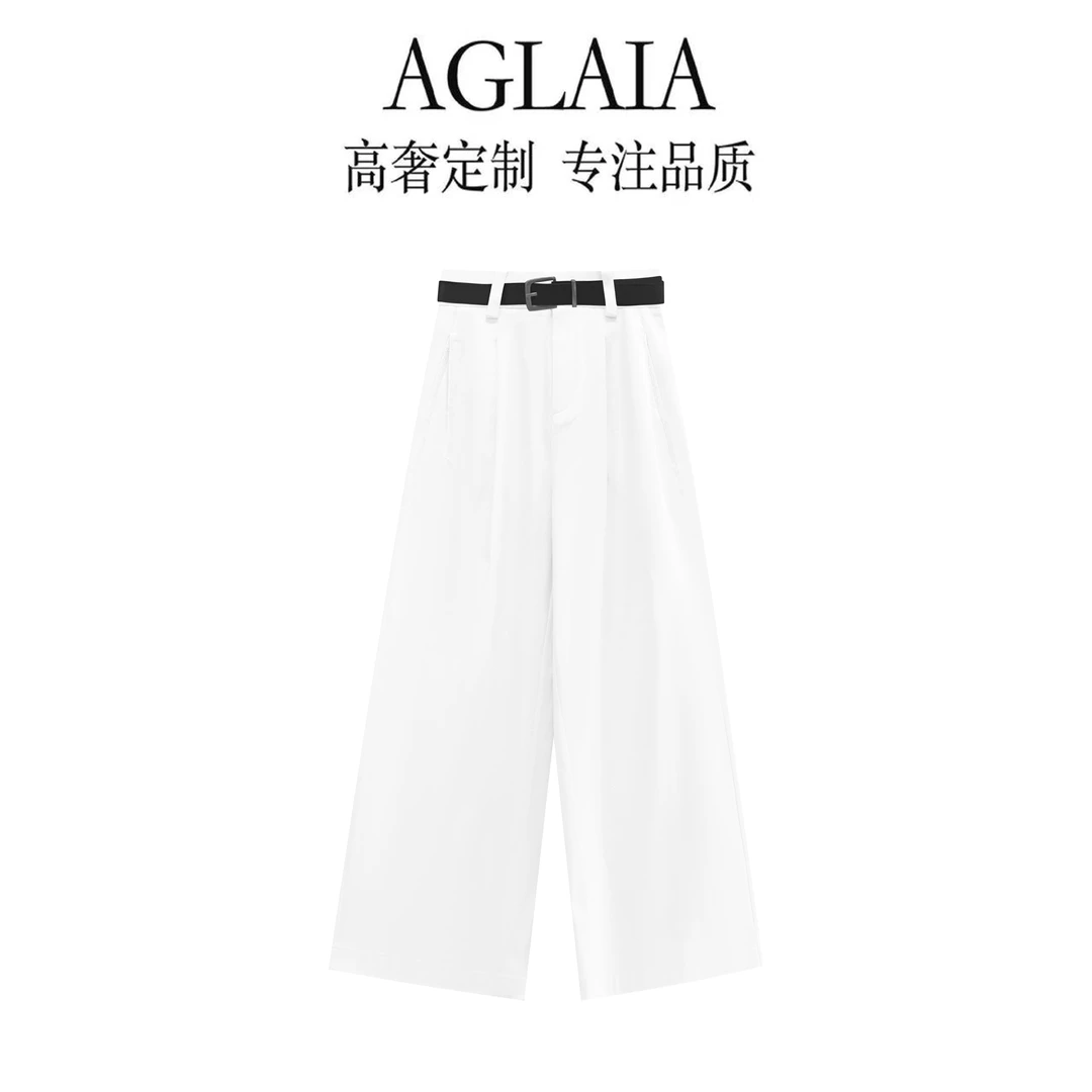 AGLAIA2025夏季高腰压褶休闲时尚百搭宽松阔腿直筒白色牛仔裤8083