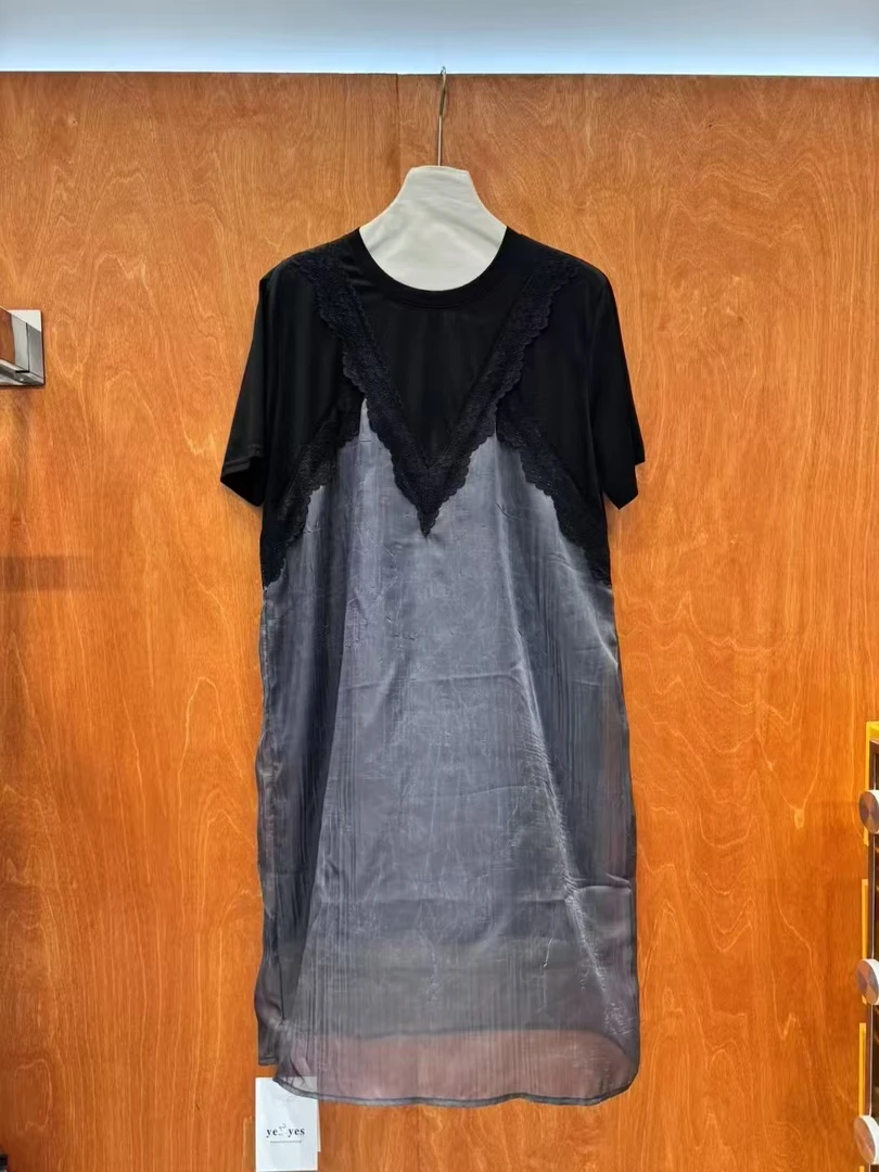 夏季新款圆领拼接蕾丝假两件设计短袖气质洋气短连衣裙女