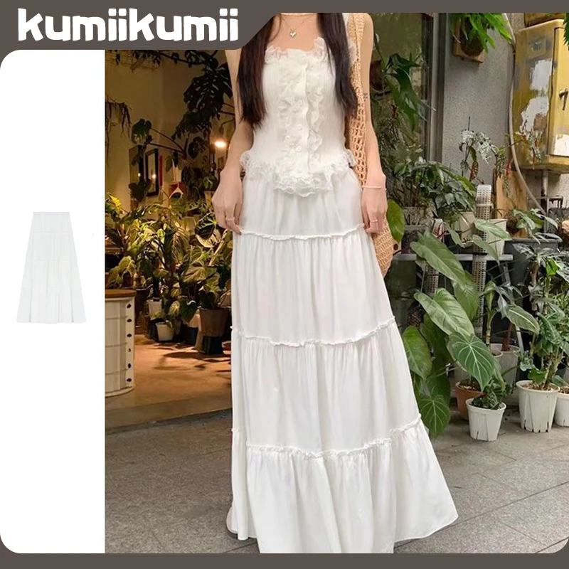 新款白色百搭蛋糕裙蕾丝拼接法式半身裙子春夏女度假风a字休闲裙