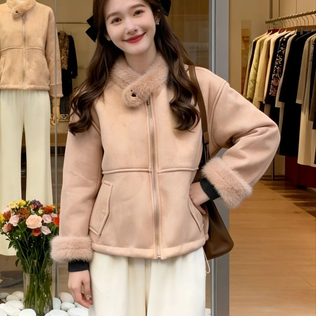 美拉德复古麂皮绒加厚羊羔毛短外套女秋冬休闲百搭