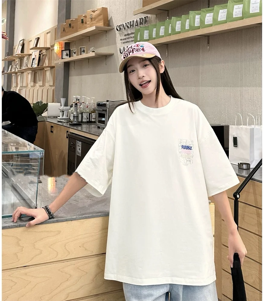 圆领宽松型印花夏季短袖常规T恤白色宽松学生五分设计感休闲