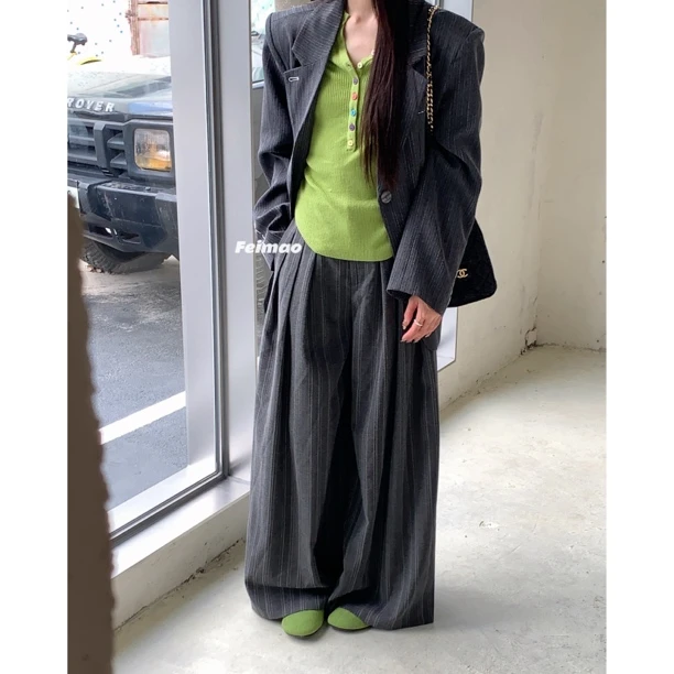 【赵小小&北欧晚风】7680 韩版设计感条纹高腰显瘦休闲遮肉阔腿裤女