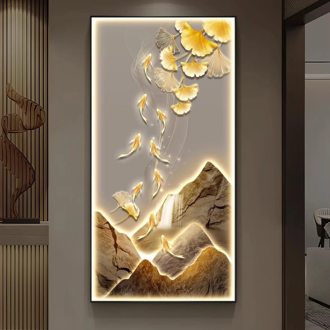 九鱼聚财玄关装饰灯画高档LED发光走廊过道挂画金山招财大气壁画