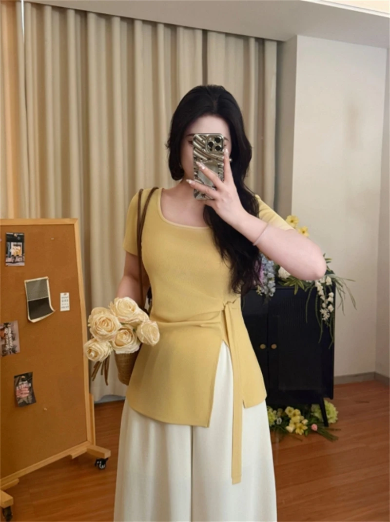 棉大码2025夏季新款开叉短袖T恤女装胖MM显瘦绑绳方领时尚上衣ins