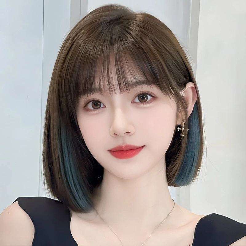 假发女短发自然全头套式时尚长款挑染雾霾蓝仿免发网女长卷发假发