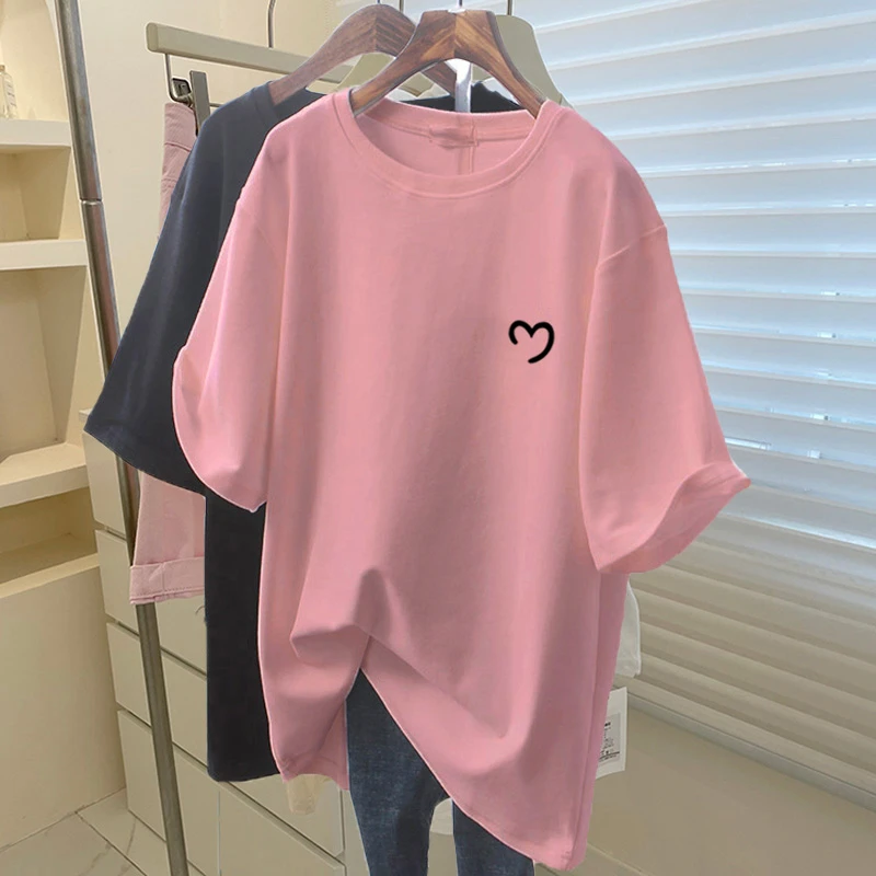 2025新款纯棉短袖t恤女中长款宽松休闲遮屁股粉色上衣打底衫夏季