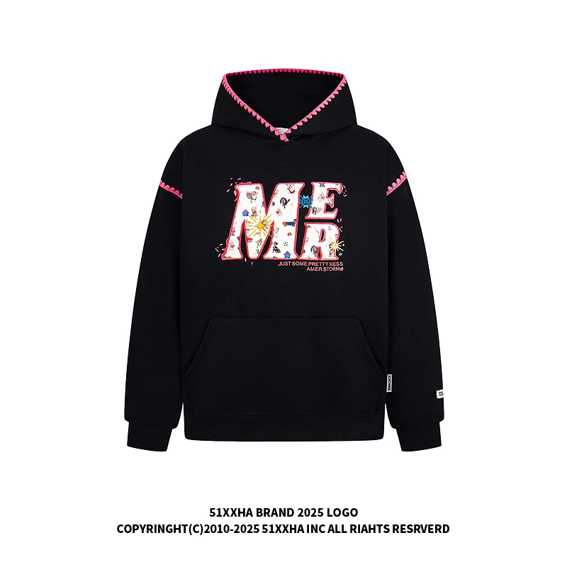 51嘻哈美式烟花字母刺绣连帽卫衣男女高街vintage宽松情侣款外套