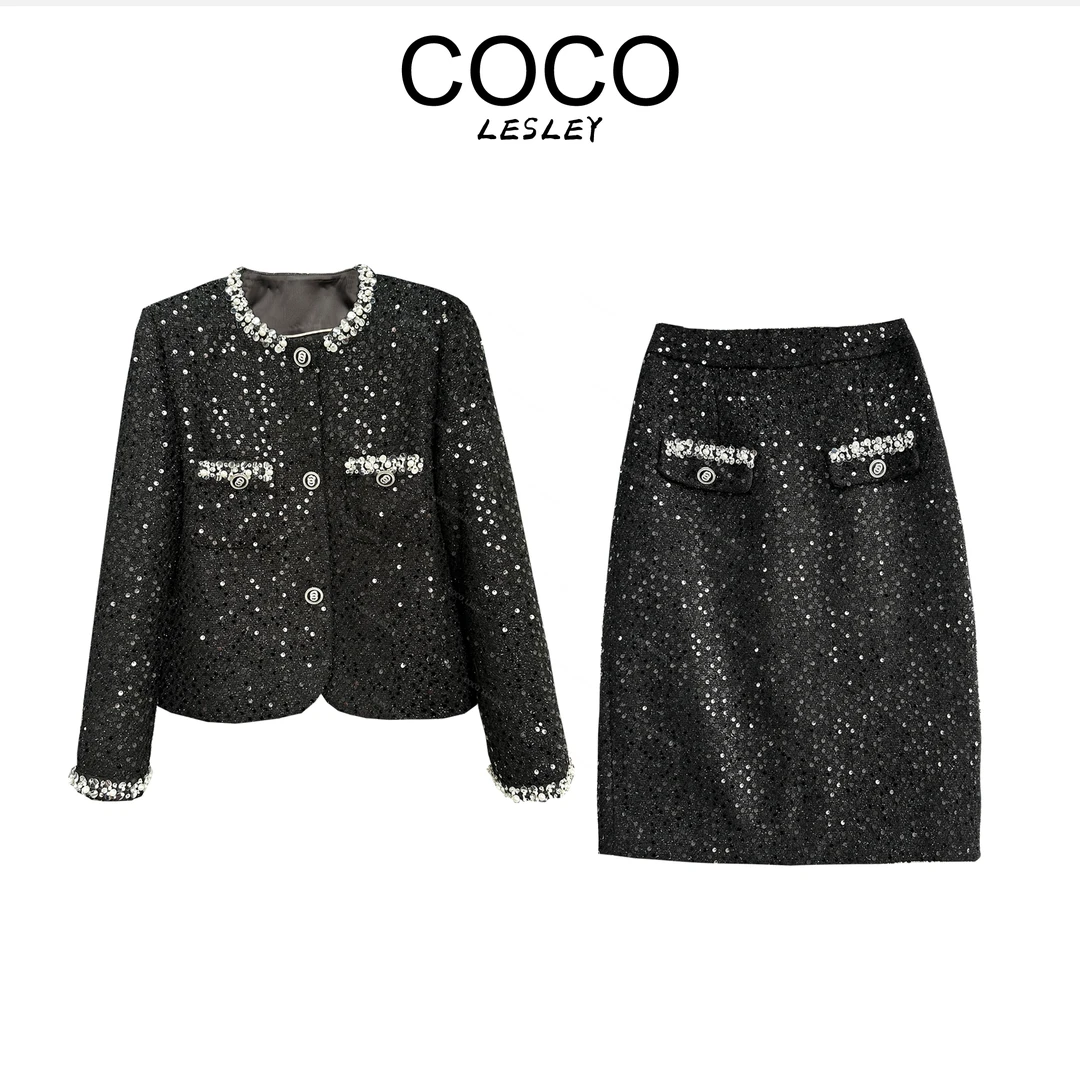 COCO LESLEY 秋冬新款女款爆款小香风套装重工编织两件套修身显瘦