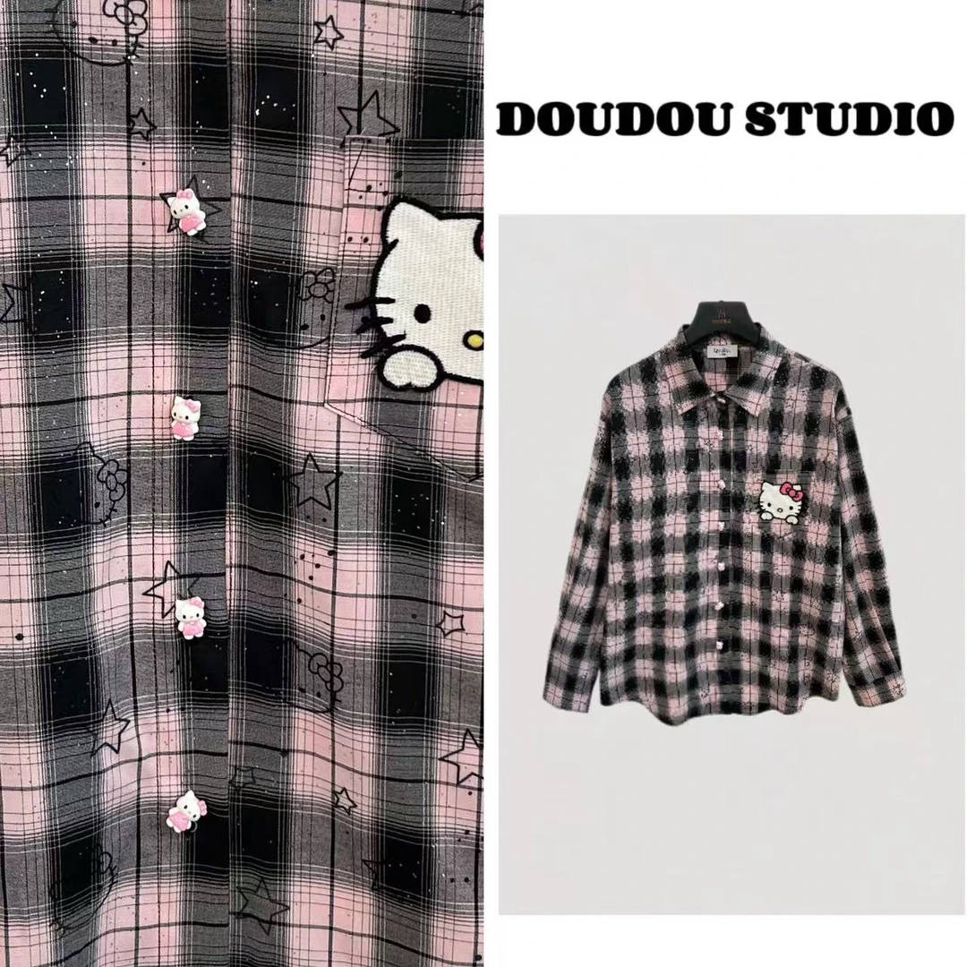 【兜兜】格子多巴胺 夏季猫猫刺绣细闪长袖防晒衬衫 210307