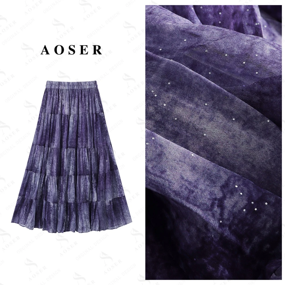 AOSER时尚印染高腰气质百搭紫色系裙子时尚波点半身裙印花女8812