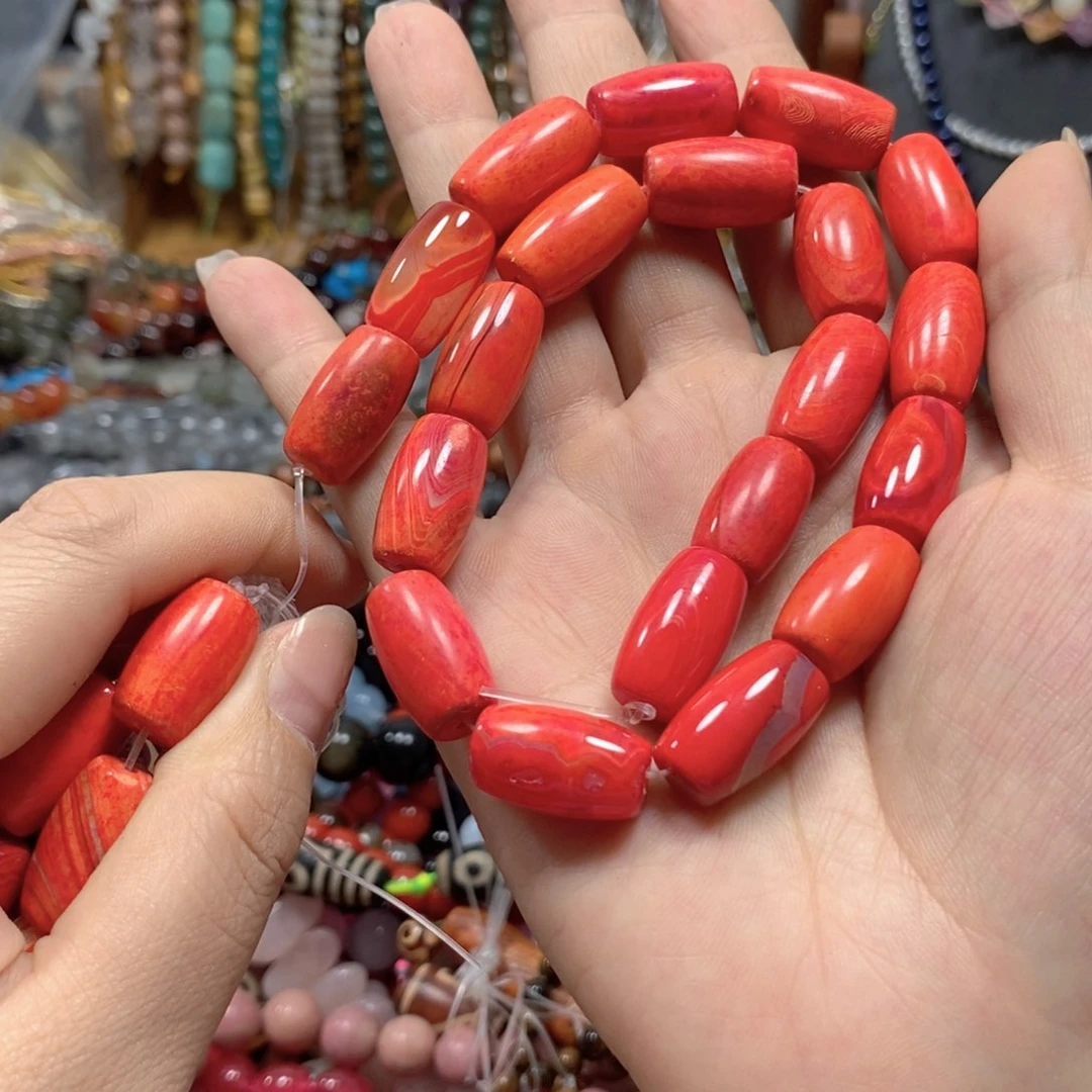 玛瑙/玉髓合金珠宝半成品红玛瑙桶一条卡11*20mm